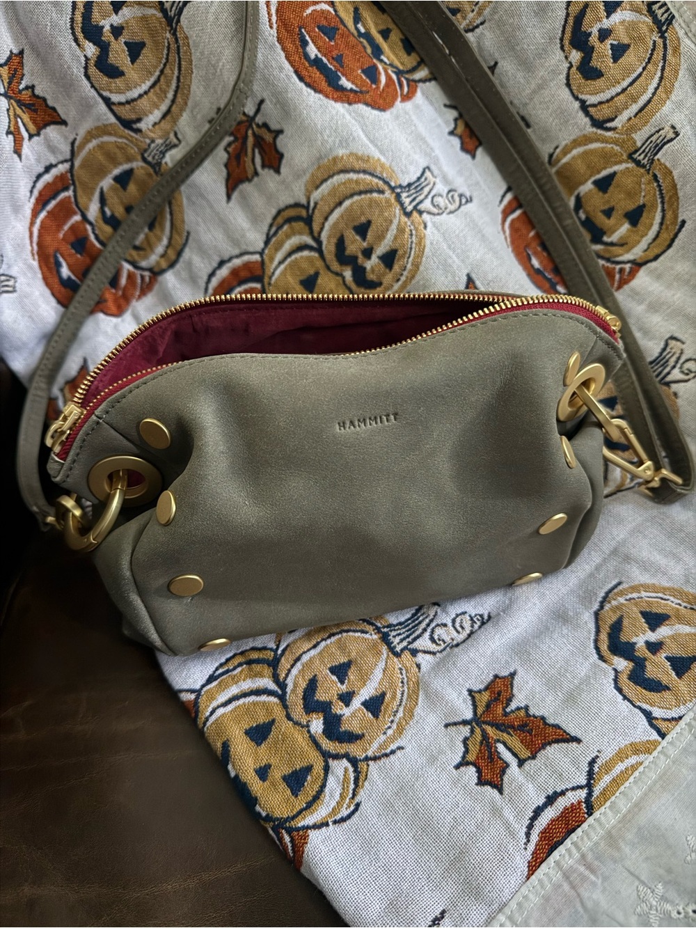 Hammitt Olive Green Leather Crossbody with Gold Hardware and Burgundy Lining